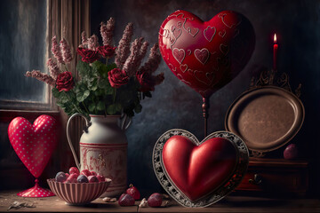 Wall Mural - Romantic set up with flowers and hearts made by generative ai