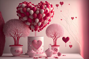 Wall Mural - Heart shaped ballons and pink treesmade by generative ai