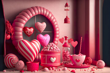 Wall Mural - Pink valentine's environment with hearts and decorations made by generative ai