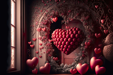Wall Mural - Heart shaped design in vintage room made by generative ai