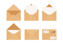 Craft Envelopes With Letter Closed, Open, With Postage Stamp Vector Clip Art Collection. Folded And Unfolded Brown Kraft Paper Envelope Illustration Set Isolated On A White Background.