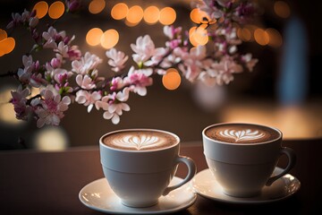 Artistic beautiful romance two cups of latte coffee or chocolate serve with cherry blossom flower branch, spring season and national spring festival theme drink, background or wallpaper, Generative Ai