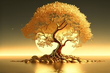 Illustration Of Golden Bonsai Tree With Gold Leaves, Idea For Wealth And Prosperity Background Wallpaper Generative Ai