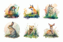 Safari Animal Set Fox, Wolf, Bear, Hare, Deer, Hedgehog In Watercolor Style. Isolated Vector Illustration