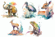 Safari Animal Set Impala, Ibis Bird, Ibex, Iguana, Indian Elephant In Watercolor Style. Isolated Vector Illustration