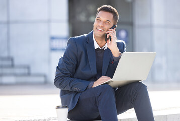 Poster - Thinking, phone call or business man with laptop for internet research, communication or networking. Happy, smile or manager in London street on 5g smartphone for social network, web or blog review
