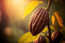 Beautiful Ripe Cocoa Bean Fruit On Tree With Light Glow From Behind Generative Ai