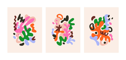 Leinwandbilder - Abstract interior posters designs set. Wall art with fluid organic shapes compositions, random creative elements. Modern contemporary trendy vertical cards with blobs. Flat vector illustrations