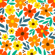 Bright Floral Vector Seamless Pattern. Red, Orange Flowers, Green Leaves On A White Background. For Prints Of Fabrics, Textiles, Clothes.