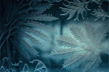 Poster - Frozen pattern on the window. Frosted glass in amazing elements. Winter crystal background texture. 3D render. AI generated.