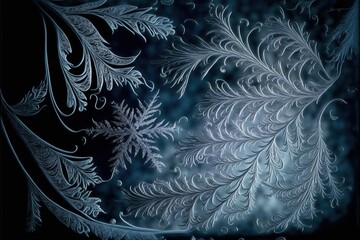 Poster - Frozen pattern on the window. Frosted glass in amazing elements. Winter crystal background texture. 3D render. AI generated.