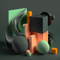 Poster - Abstract composition. Simple geometric shapes. Dark colored illustration. Floral elements. 3D rendering. Generative AI.