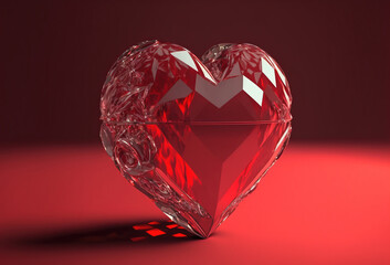 Poster - Crystal clear heart on a red background. Luxurious background for Valentine's Day. 3D render. AI generated.