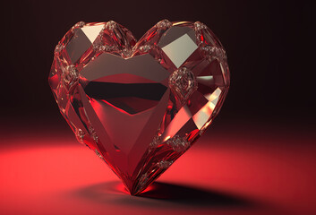 Poster - Crystal clear heart on a red background. Luxurious background for Valentine's Day. 3D render. AI generated.