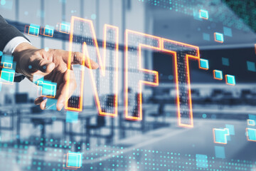 Poster - Close up of hand pointing at glowing nft hologram on blurry pixel interior background. Non fungible token and cryptocurrency concept. Double exposure.