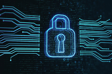 Poster - Internet security and cyber protection technology concept with digital pad lock symbol between computer circuit lines on dark technological background. 3D rendering