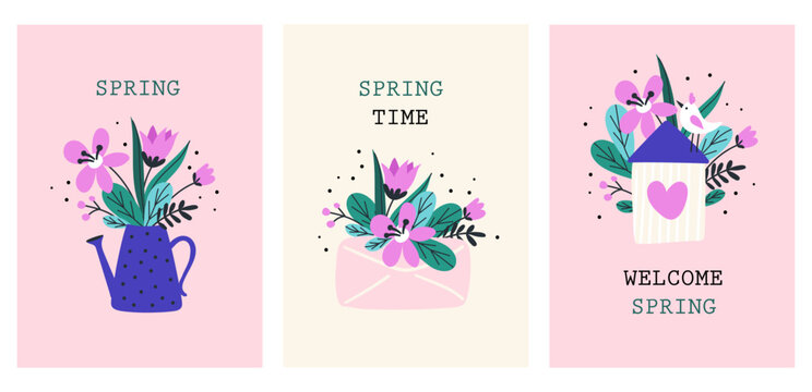 Card set with spring. Vector illustrations