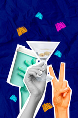 Creative composite photo collage of hands hold coffee cup with martini glass cocktail weekend poster party invite isolated on painted background