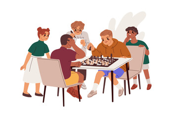Aufkleber - Kids, chess players during board tournament. Children, smart boys and girls, opponents playing chessboard game, sitting at table at competition. Flat vector illustration isolated on white background