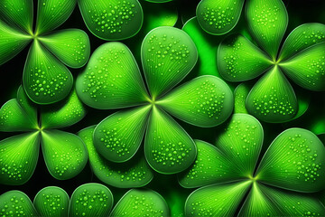 Festive background with shining clover shamrocks. St. Patrick's Day backdrop. Generative AI illustration