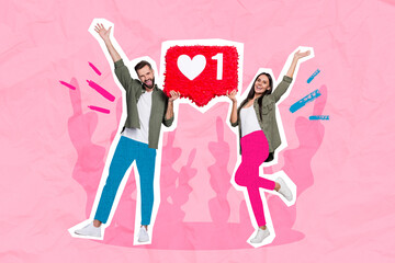 Sticker - Photo collage artwork minimal picture of carefree smiling couple rising feedback pinata isolated drawing background