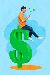 Poster - Vertical collage picture of positive mini gut sit huge dollar symbol use telephone earn online isolated on creative background