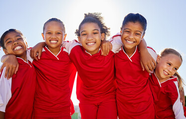 group portrait, girl football and field with smile, team building motivation or solidarity at sport 