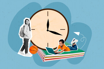 Wall Mural - Creative collage picture of two mini kids use netbook pile stack notebook copybook basketball backpack big wall watch face isolated on painted background