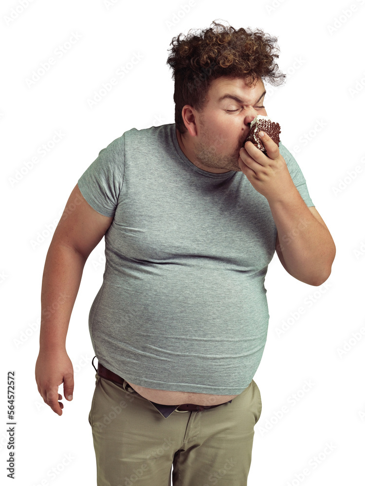 An overweight man messily eating a slice of cake isolated on a PNG ...