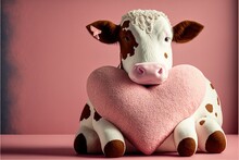 Cute Valentine's Day Card Image Of An Adorable White And Brown Cow Playing With A Heart-shaped Pillow On A Pink Background, Copy Space