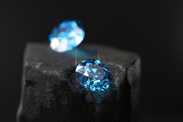 Poster - Blue diamond sapphire placed on roughness rock background main object focus 3d rendering