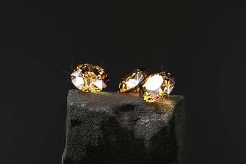 Poster - round diamond topaz gem placed on dark reflection background soft focus 3d rendering