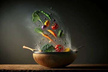 Portrait Cooking , flying vegetables and fruits out of the pan, on wooden table,black background ,Generative ai