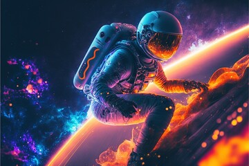 Poster - Astronaut Surfing in the nebula water wave and stars with neon light effects. Astronaut surfing in the galaxy. astronaut. high-definition colorful galaxy. universe. galaxy. Generative AI