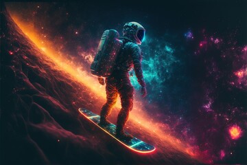Poster - Astronaut Surfing in the nebula water wave and stars with neon light effects. Astronaut surfing in the galaxy. astronaut. high-definition colorful galaxy. universe. galaxy. Generative AI