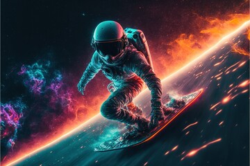 Poster - Astronaut Surfing in the nebula water wave and stars with neon light effects. Astronaut surfing in the galaxy. astronaut. high-definition colorful galaxy. universe. galaxy. Generative AI