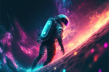 Poster - Astronaut Surfing in the nebula water wave and stars with neon light effects. Astronaut surfing in the galaxy. astronaut. high-definition colorful galaxy. universe. galaxy. Generative AI