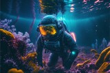 Fototapeta Do akwarium - Astronaut swimming in the nebula water and stars with neon light effects. Astronaut in the water. astronaut. high-definition water life. Underwater life Generative AI