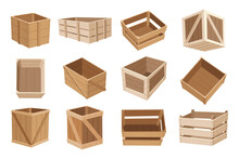Wooden Boxes. Retail, Logistics, Delivery, Storage Concept. Delivery Containers, Empty Parcels, Shipping Crates Isolated Vector Illustration Set. Cargo Distribution Packs For Food Or Products