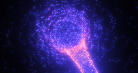 Poster - Abstract purple tunnel swirling from particles and dots of glowing bright futuristic hi-tech with a blur effect on a dark background. Abstract background