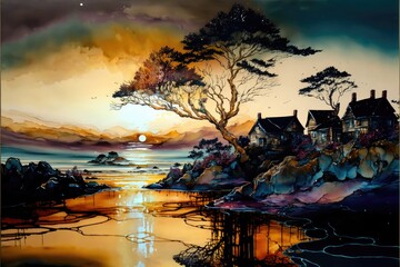 Wall Mural - Coastal Village, Shipwreck, Tidepool, craggy coastline, Coastal Trees, sunrise, dynamic clouds, Reflections, bright alcohol ink with golden oil veins, backlit  generative ai