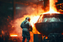 Master Engaged In Steelmaking Process In Metallurgical Steel Factory Furnace, Heavy Industry