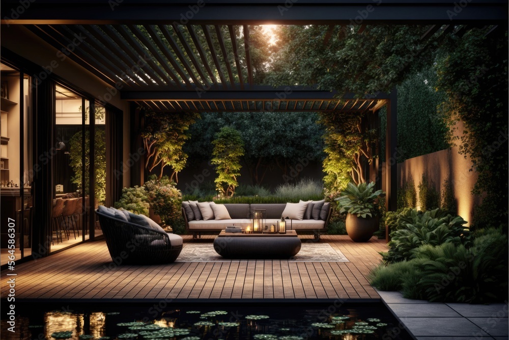 Interior design of a lavish side outside garden at morning, with a teak ...