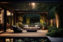Interior Design Of A Lavish Side Outside Garden At Morning, With A Teak Hardwood Deck And A Black Pergola. Scene In The Evening With Couches And Lounge Chairs By The Pool Generative Ai