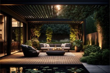 interior design of a lavish side outside garden at morning, with a teak hardwood deck and a black pe
