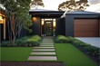 A contemporary Australian home or residential building's front yard features artificial grass lawn turf with timber edging generative ai