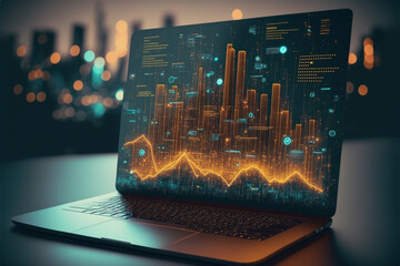 Laptop with analytical data. Created with generative Ai technology.