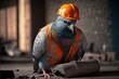 A pigeon in a hard hat and orange vest working on a construction site