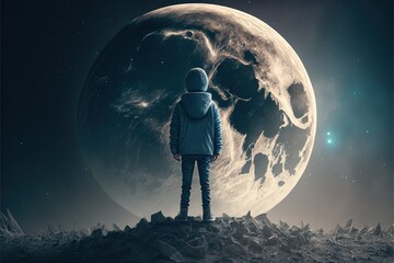 Poster -  Boy standing on the Moon. digital style. illustration. digital illustration. Digital painting. Generative AI

