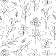 Vector flower linear seamless background, roses and leaves line pattern, hand drawn style. Monoline doodle.